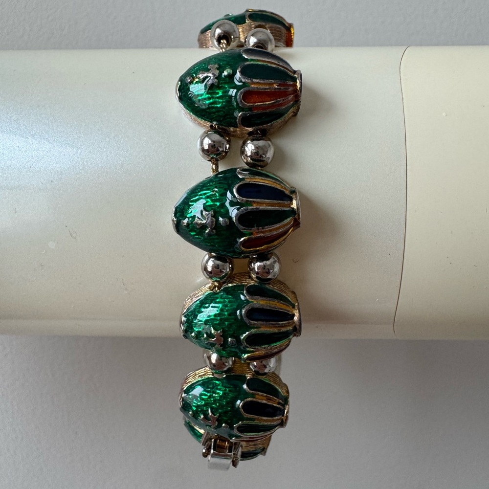Vintage chain bracelet in Russian style with enamel links in the shape of eggs